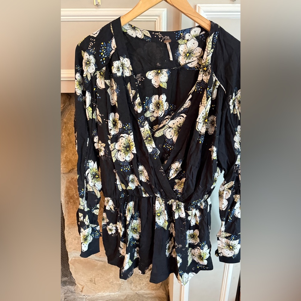 Free People Black Floral Wrap Blouse